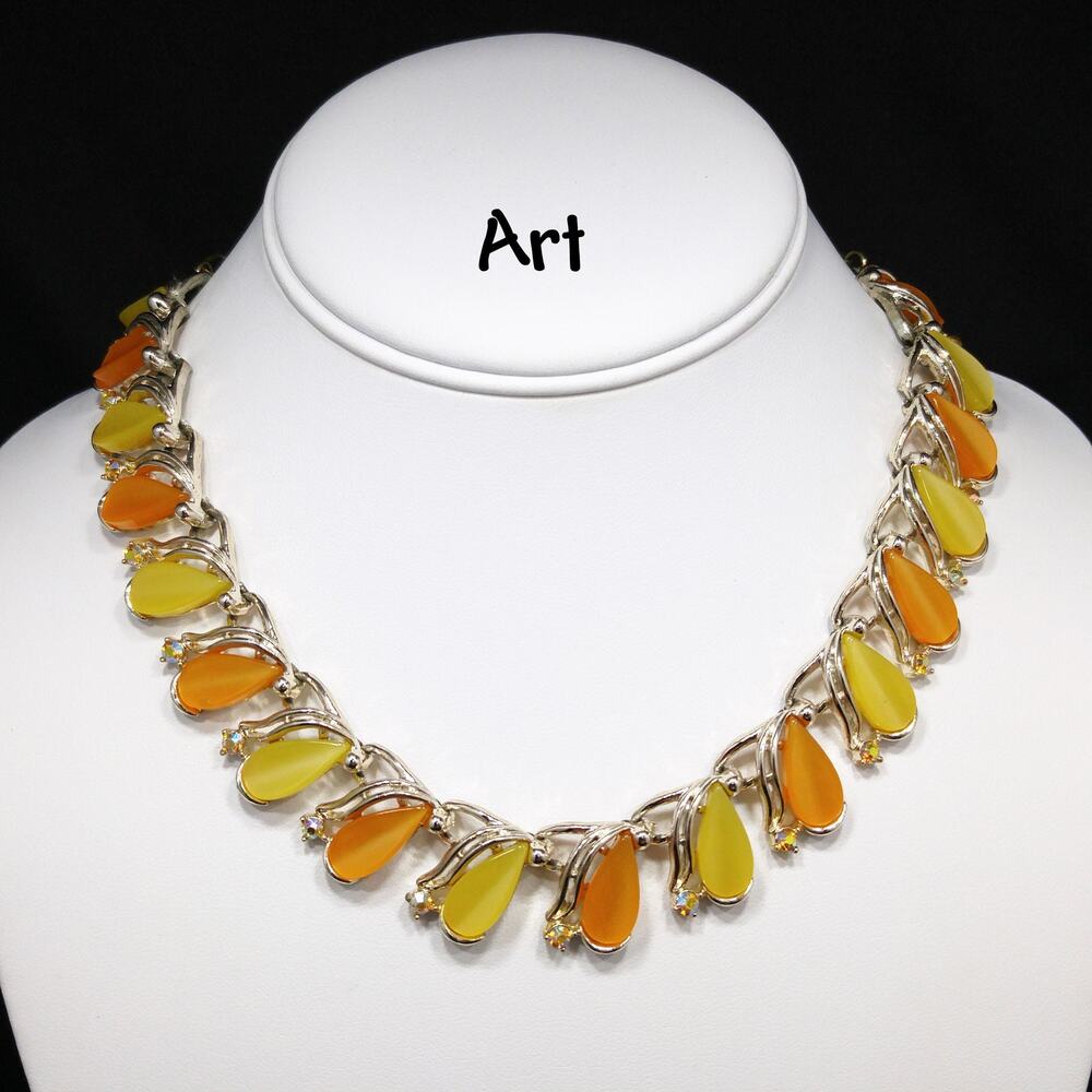 Vintage 1950s Yellow Orange Lucite Necklace, AB Rhinestones, Signed ART